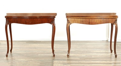 Lot 1517 - A PAIR OF GEORGE III HEPPLEWHITE FIGURED MAHOGANY SERPENTINE TEA AND CARD TABLES