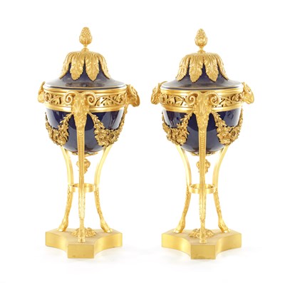 Lot 846 - A FINE PAIR OF 19TH CENTURY FRENCH ORMOLU AND SERVES PORCELAIN CASSOLETTES OF LARGE SIZE