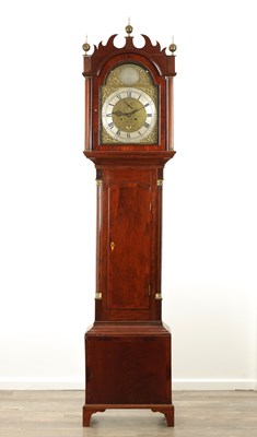 Lot 1170 - EDWARD APPLEFORD, DUNSTABLE. A GEORGE III FIGURED MAHOGANY LONGCASE CLOCK.