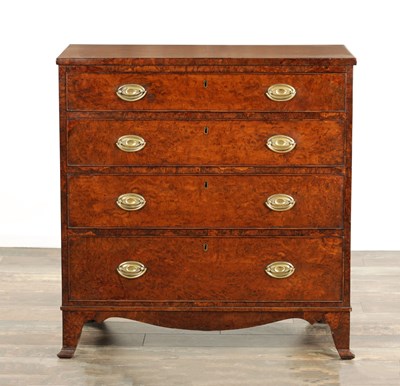 Lot 1361 - AN UNUSUAL REGENCY BURR OAK CHEST OF DRAWERS