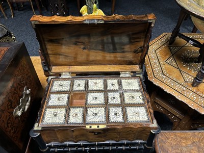 Lot 203 - AN EARLY 19TH CENTURY INDIAN COROMANDEL, IVORY AND EBONISED FITTED WORK BOX ON LATER STAND