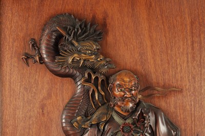 Lot 213 - A FINE JAPANESE MEIJI PERIOD RELIEF CARVED HARDWOOD, STONE AND MIXED METAL HANGING WALL PLAQUE