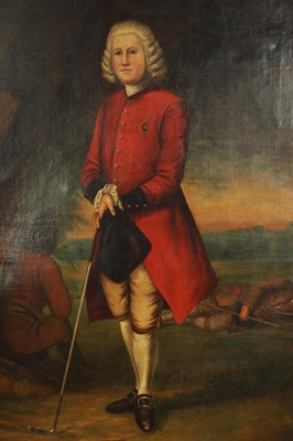 Lot 962 - BRITISH SCHOOL AN 18TH/19TH CENTURY OIL ON CANVAS FULL LENGTH PORTRAIT OF A GENTLEMAN GOLFER