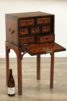 Lot 171 - AN 18TH CENTURY ANGLO PORTUGUESE ROSEWOOD AND FLORAL MARQUETRY INLAID CABINET ON LATER STAND