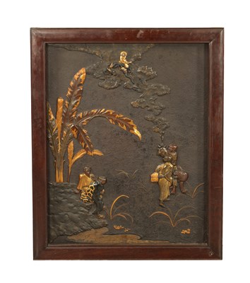 Lot 151 - A FINE JAPANESE MEIJI PERIOD BRONZE AND MIXED METAL HANGING PLAQUE