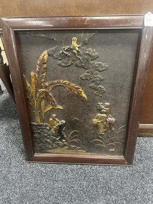 Lot 151 - A FINE JAPANESE MEIJI PERIOD BRONZE AND MIXED METAL HANGING PLAQUE