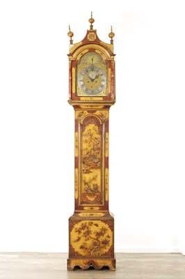 Lot 1141 - CHATER & SONS, LONDON. A RARE MID 18TH CENTURY CREAM AND SCARLET LACQUER CHINOISERIE DECORATED EIGHT-DAY LONGCASE CLOCK