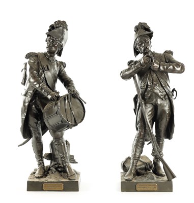 Lot 863 - AFTER ETIENNE-HENRI DUMAIGE. A PAIR OF LATE 19TH CENTURY FRENCH BRONZE MILITARY FIGURES