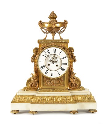 Lot 1140 - AN IMPRESSIVE 19TH CENTURY FRENCH GILT ORMOLU AND WHITE MARBLE MANTEL CLOCK OF LARGE SIZE