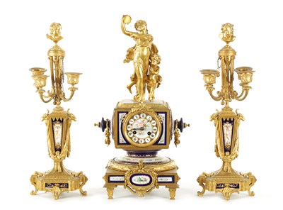 Lot 1177 - A FINE 19TH CENTURY FRENCH GILT ORMOLU AND SEVRES STYLE PORCELAIN THREE PIECE CLOCK SET