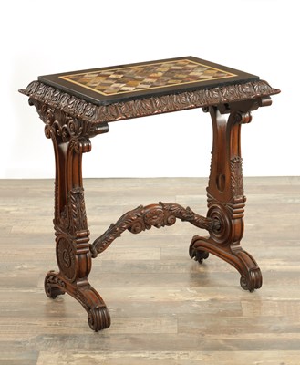 Lot 1375 - A FINE LATE REGENCY CARVED MAHOGANY AND SPECIMEN MARBLE INLAID CENTRE TABLE