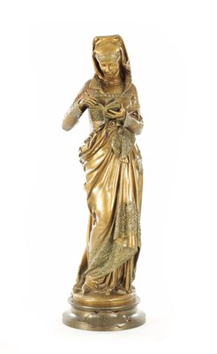 Lot 767 - AFTER ALBERT CARRIER BELLEUSE (1824-1887). A 19TH CENTURY GILT BRONZE SCULPTURE OF A STANDING FEMALE