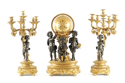 Lot 1218 - A FINE LARGE 19TH CENTURY FRENCH BRONZE AND GILT BRONZE GLOBE FIGURAL CLOCK GARNITURE