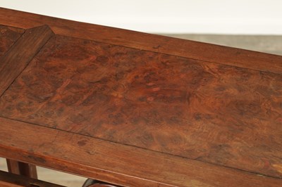 Lot 269 - A 19TH CENTURY CHINESE CARVED HARDWOOD ALTAR TABLE WITH TRIPLE BURR PANELLED TOP