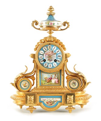 Lot 1091 - A 19TH CENTURY FRENCH GILT METAL AND PORCELAIN MANTEL CLOCK