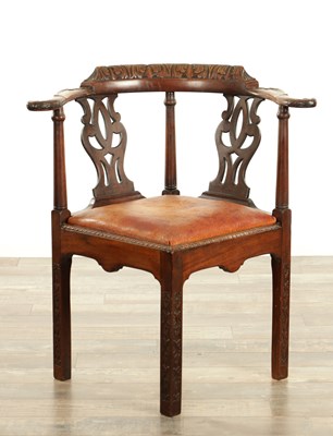 Lot 1529 - A GEORGE II MAHOGANY CHIPPENDALE STYLE CORNER CHAIR