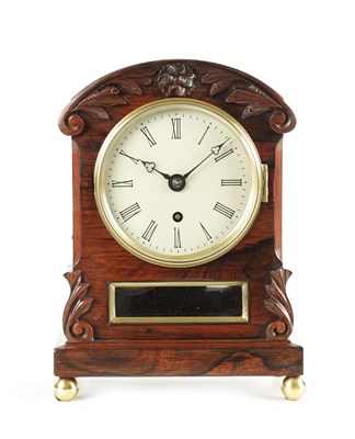 Lot 1086 - A MID 19TH CENTURY ROSEWOOD TIMEPIECE MANTEL CLOCK OF SMALL SIZE