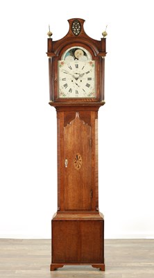 Lot 1180 - GEORGE BROWN BEVERLEY. A LATE GEORGE III FIGURED OAK PAINTED DIAL MOON ROLLER LONGCASE CLOCK