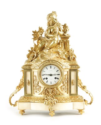 Lot 1119 - A 19TH CENTURY GILT METAL AND WHITE MARBLE FRENCH MANTEL CLOCK