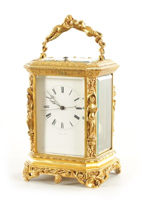 Lot 1215 - JULES, A PARIS. A LATE 19TH CENTURY FRENCH CAST BRASS ROCOCO STYLE REPEATING CARRIAGE CLOCK