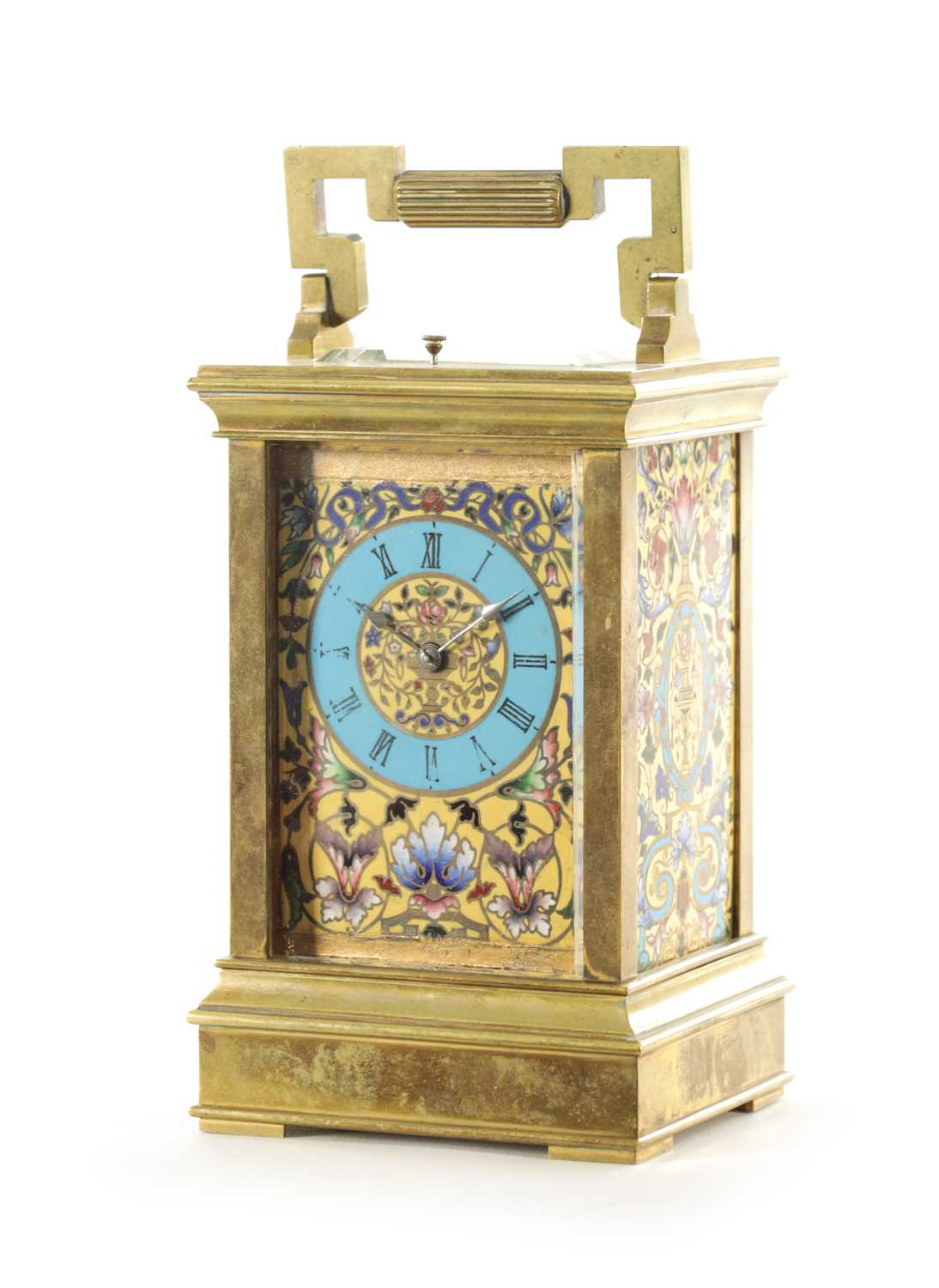 Lot 1187 - A LATE 19TH CENTURY FRENCH EIGHT-DAY REPEATING BRASS CASED AND CHAMPLEVE ENAMEL PANELLED CARRIAGE CLOCK