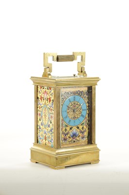 Lot 1187 - A LATE 19TH CENTURY FRENCH EIGHT-DAY REPEATING BRASS CASED AND CHAMPLEVE ENAMEL PANELLED CARRIAGE CLOCK