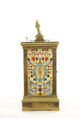 Lot 1187 - A LATE 19TH CENTURY FRENCH EIGHT-DAY REPEATING BRASS CASED AND CHAMPLEVE ENAMEL PANELLED CARRIAGE CLOCK