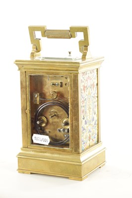 Lot 1187 - A LATE 19TH CENTURY FRENCH EIGHT-DAY REPEATING BRASS CASED AND CHAMPLEVE ENAMEL PANELLED CARRIAGE CLOCK