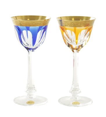 Lot 11 - A CASED PAIR OF MOSER & SOHNE CRYSTAL COLOURED GLASS WINE GLASSES