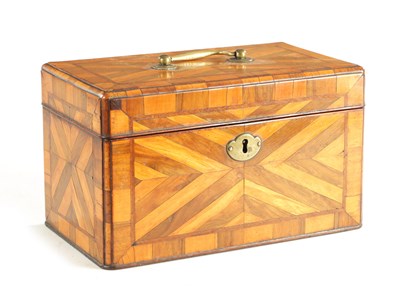 Lot 1329 - AN EARLY GEORGE III CROSS AND CHEVRON BANDED OLIVE WOOD TEA CADDY