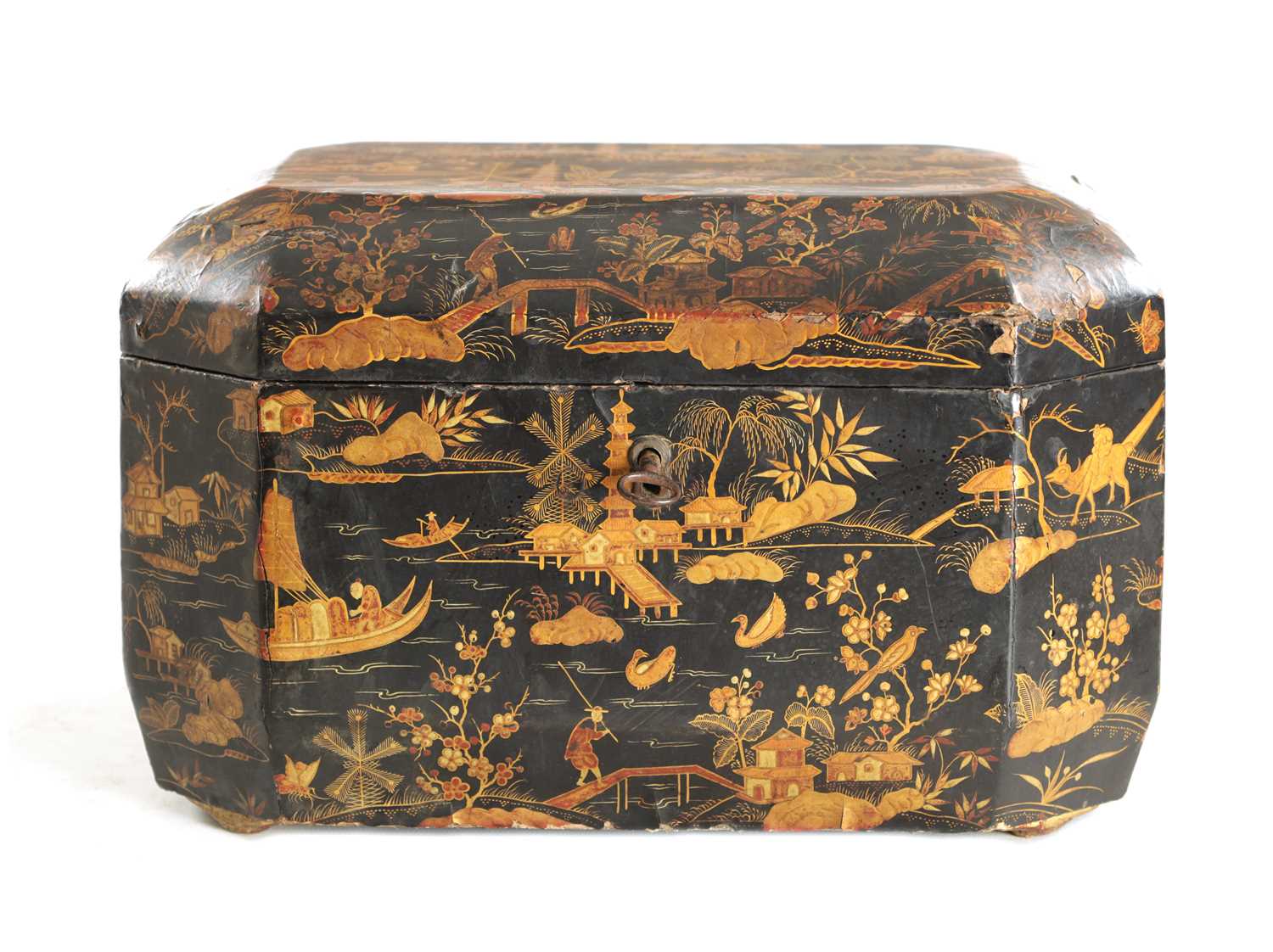 Lot 1311 - A LATE GEORGIAN BLACK JAPANNED CHINOISERIE TEA CADDY