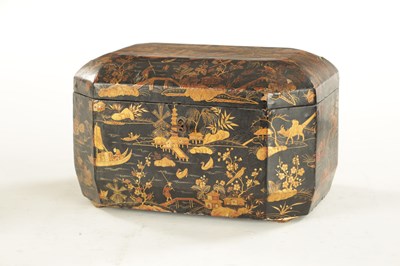 Lot 1311 - A LATE GEORGIAN BLACK JAPANNED CHINOISERIE TEA CADDY