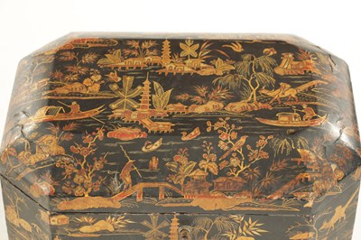 Lot 1311 - A LATE GEORGIAN BLACK JAPANNED CHINOISERIE TEA CADDY