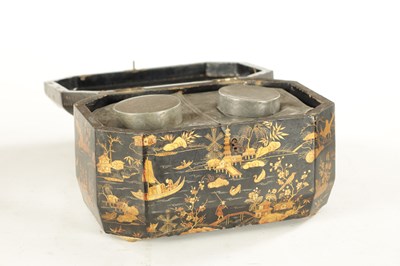 Lot 1311 - A LATE GEORGIAN BLACK JAPANNED CHINOISERIE TEA CADDY