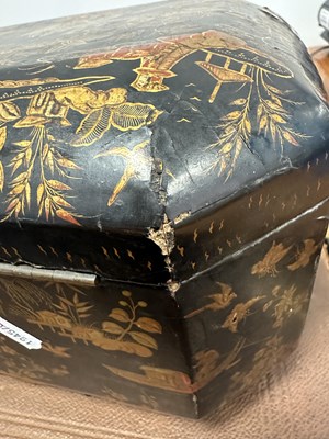 Lot 1311 - A LATE GEORGIAN BLACK JAPANNED CHINOISERIE TEA CADDY