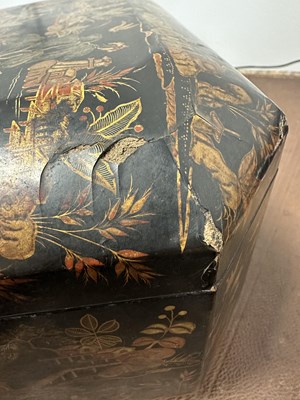 Lot 1311 - A LATE GEORGIAN BLACK JAPANNED CHINOISERIE TEA CADDY