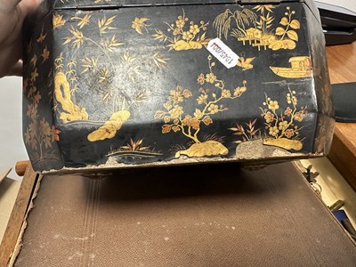 Lot 1311 - A LATE GEORGIAN BLACK JAPANNED CHINOISERIE TEA CADDY