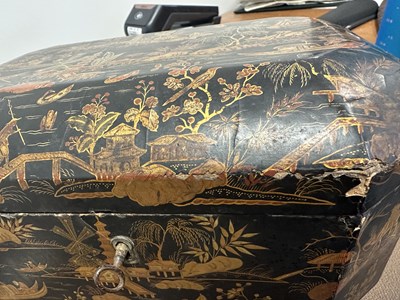 Lot 1311 - A LATE GEORGIAN BLACK JAPANNED CHINOISERIE TEA CADDY