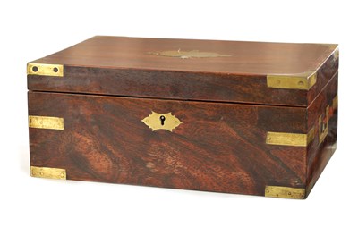 Lot 1345 - A LATE GEORGIAN BRASS BOUND ROSEWOOD SEWING BOX