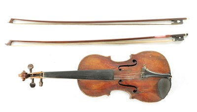 Lot 1288 - AN ANTIQUE VIOLIN WITH TWO BOWS