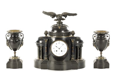 Lot 1134 - A 19TH CENTURY FRENCH SLATE AND ORMOLU MOUNTED THREE-PIECE CLOCK GARNITURE