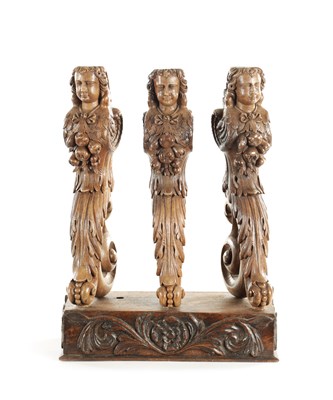 Lot 1324 - A SET OF THREE 17TH CENTURY CARVED WALNUT ITALIAN CARYATID COLUMNS