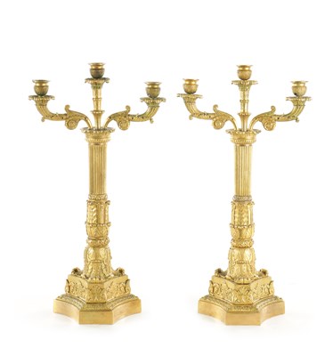 Lot 760 - A PAIR OF 19TH CENTURY GILT BRONZE THREE BRANCH CANDELABRA