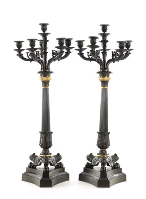 Lot 883 - A PAIR OF REGENCY BRONZE SIX BRANCH CANDELABRA OF LARGE SIZE