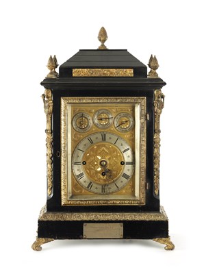 Lot 1061 - A LATE 19TH CENTURY EBONISED AND ORMOLU MOUNTED TRIPLE FUSEE BRACKET CLOCK