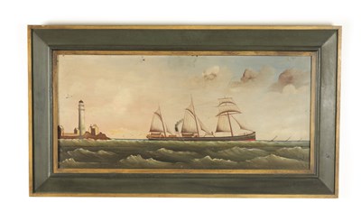 Lot 1033 - A 19TH CENTURY NAIVE MARITIME OIL ON WOODEN PANEL