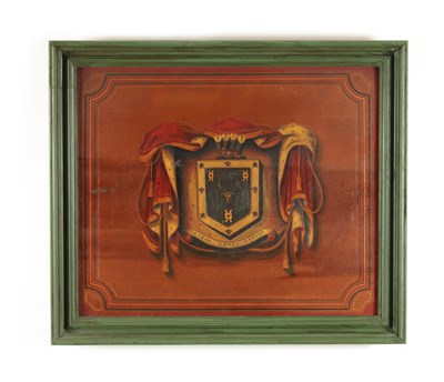 Lot 879 - AN EARLY 19TH CENTURY ARMORIAL PAINTED COACH PANEL