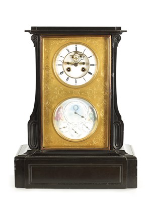 Lot 1092 - A 19TH CENTURY FRENCH BLACK SLATE MANTEL CLOCK WITH PERPETUAL CALENDAR WORK