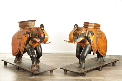 Lot 107 - A GOOD PAIR OF LARGE SIZED 19TH CENTURY INDIAN CARVED WOOD AND LACQUERED ELEPHANTS