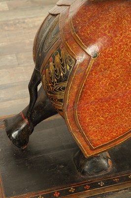 Lot 107 - A GOOD PAIR OF LARGE SIZED 19TH CENTURY INDIAN CARVED WOOD AND LACQUERED ELEPHANTS
